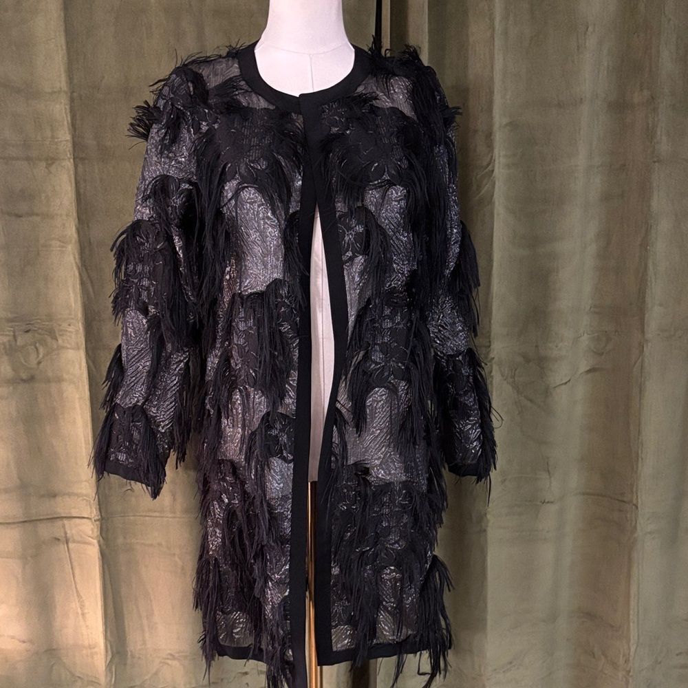 Milly Black Textured fringe detailed open front Jacket, US0